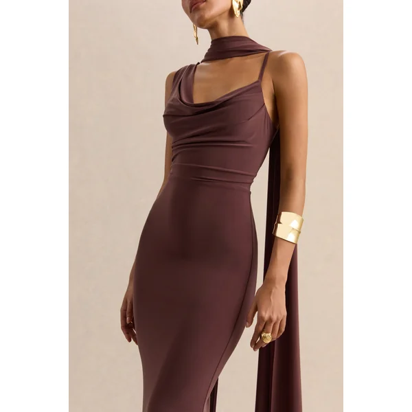 Armelia | Robe longue marron à encolure drapée avec détail écharpe