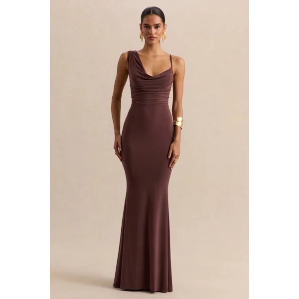 Armelia | Robe longue marron à encolure drapée avec détail écharpe
