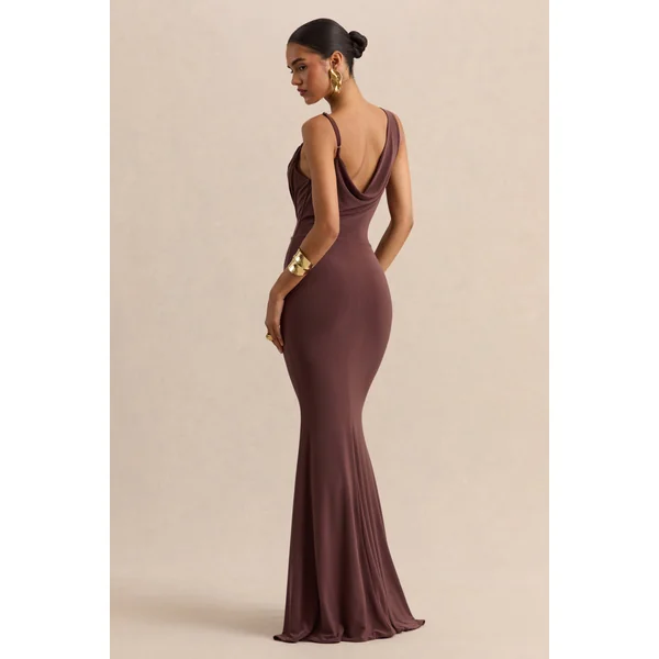 Armelia | Robe longue marron à encolure drapée avec détail écharpe