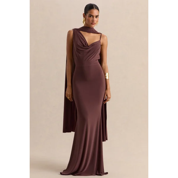 Armelia | Robe longue marron à encolure drapée avec détail écharpe