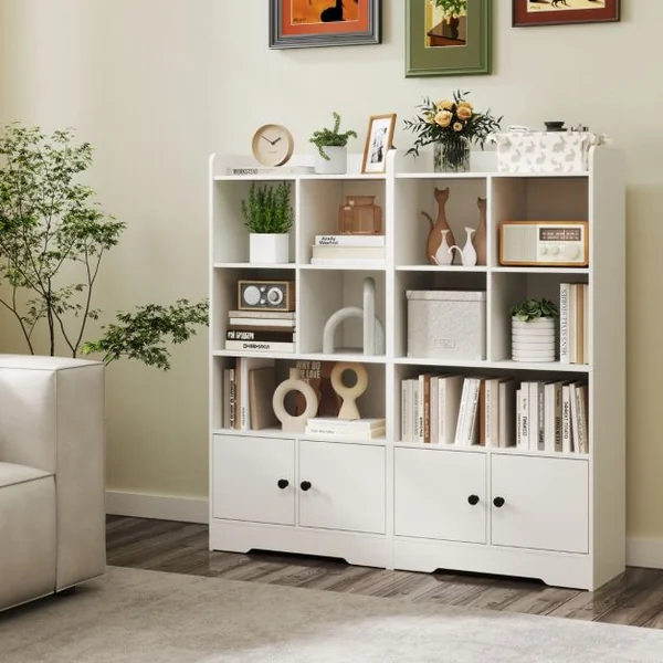 Armoire avec Portes Petite Bibliothèque avec 5 Compartiments de Rangement et 2 Portes Meuble De Rangement Autoportant Blanc