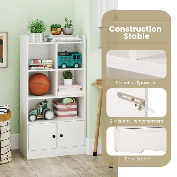 Armoire avec Portes Petite Bibliothèque avec 5 Compartiments de Rangement et 2 Portes Meuble De Rangement Autoportant Blanc