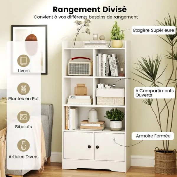 Armoire avec Portes Petite Bibliothèque avec 5 Compartiments de Rangement et 2 Portes Meuble De Rangement Autoportant Blanc