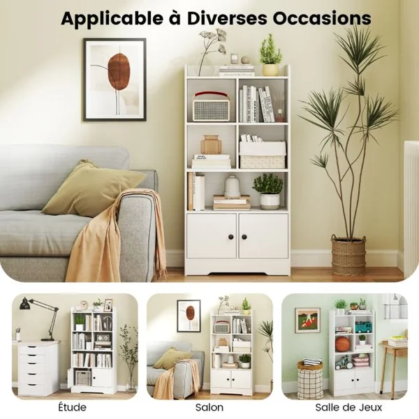 Armoire avec Portes Petite Bibliothèque avec 5 Compartiments de Rangement et 2 Portes Meuble De Rangement Autoportant Blanc