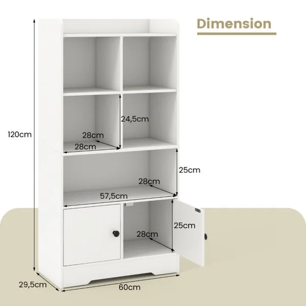 Armoire avec Portes Petite Bibliothèque avec 5 Compartiments de Rangement et 2 Portes Meuble De Rangement Autoportant Blanc