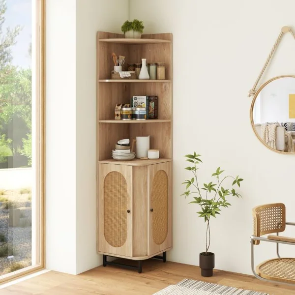Armoire d’Angle en Rotin PE Etagère d’Angle Haute de 172cm 2 Portes 4 Etagères Ouvertes Kits Anti-basculement Patins Réglables Naturel