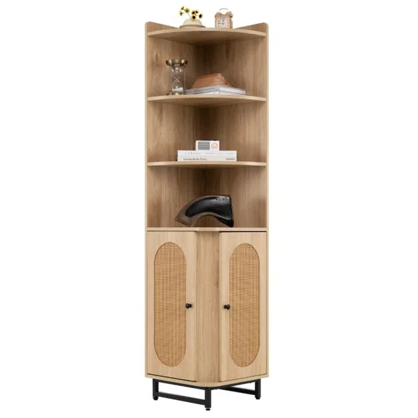 Armoire d’Angle en Rotin PE Etagère d’Angle Haute de 172cm 2 Portes 4 Etagères Ouvertes Kits Anti-basculement Patins Réglables Naturel