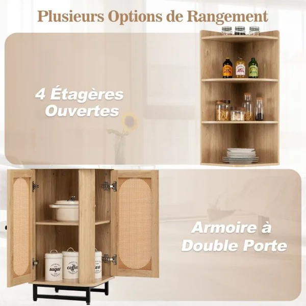 Armoire d’Angle en Rotin PE Etagère d’Angle Haute de 172cm 2 Portes 4 Etagères Ouvertes Kits Anti-basculement Patins Réglables Naturel