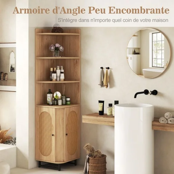 Armoire d’Angle en Rotin PE Etagère d’Angle Haute de 172cm 2 Portes 4 Etagères Ouvertes Kits Anti-basculement Patins Réglables Naturel