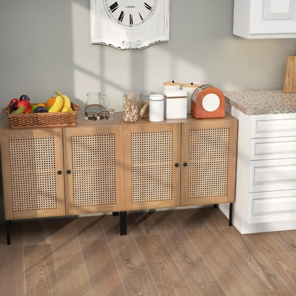 Armoire de Cuisine 2 Étagères Buffet 2 Portes Cannage Étagère Réglable Pieds en Métal Meuble de Rangement Bohème 80 x 40 x 80 cm Noyer