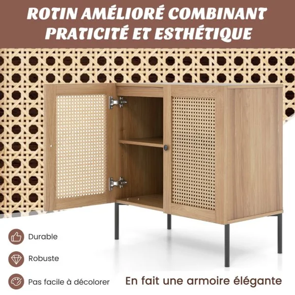 Armoire de Cuisine 2 Étagères Buffet 2 Portes Cannage Étagère Réglable Pieds en Métal Meuble de Rangement Bohème 80 x 40 x 80 cm Noyer