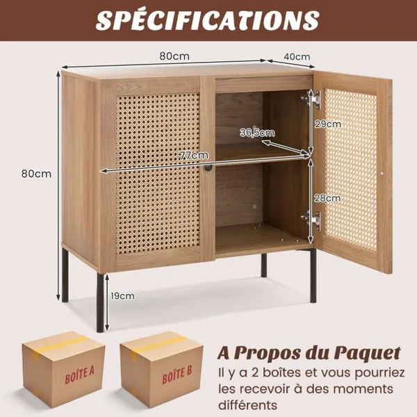 Armoire de Cuisine 2 Étagères Buffet 2 Portes Cannage Étagère Réglable Pieds en Métal Meuble de Rangement Bohème 80 x 40 x 80 cm Noyer
