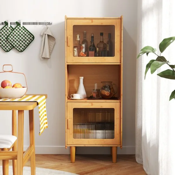 Armoire de Cuisine à 3 Compartiments Ouverts et Fermés 2 Portes en Acrylique Bibliothèque Autoportante Naturel