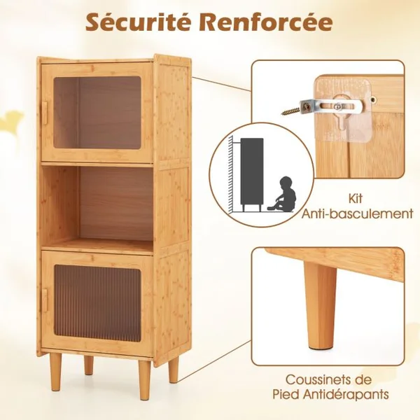 Armoire de Cuisine à 3 Compartiments Ouverts et Fermés 2 Portes en Acrylique Bibliothèque Autoportante Naturel