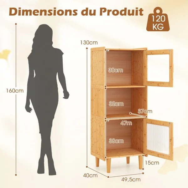 Armoire de Cuisine à 3 Compartiments Ouverts et Fermés 2 Portes en Acrylique Bibliothèque Autoportante Naturel