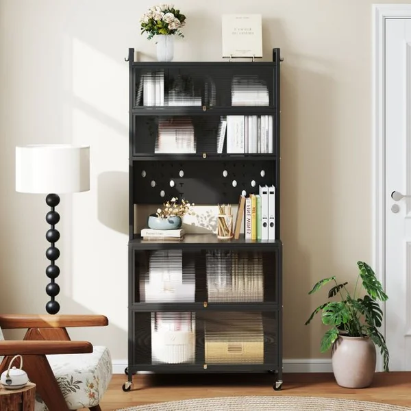 Armoire de Cuisine à 6 Niveaux Buffet avec Huches Portes Battantes Plan de Travail pour Micro-ondes Panneau Perforé avec Crochets Noir/Blanc/Gris