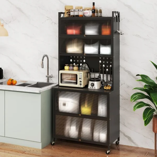 Armoire de Cuisine à 6 Niveaux Buffet avec Huches Portes Battantes Plan de Travail pour Micro-ondes Panneau Perforé avec Crochets Noir/Blanc/Gris