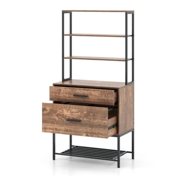 Armoire de Fichier avec Station de Charge Bibliothèques Ouvertes avec 3 Étagères Ouvertes et Grand Tiroir Compatible Brun Rustique/Gris