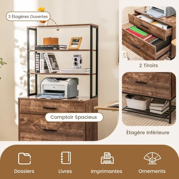 Armoire de Fichier avec Station de Charge Bibliothèques Ouvertes avec 3 Étagères Ouvertes et Grand Tiroir Compatible Brun Rustique/Gris