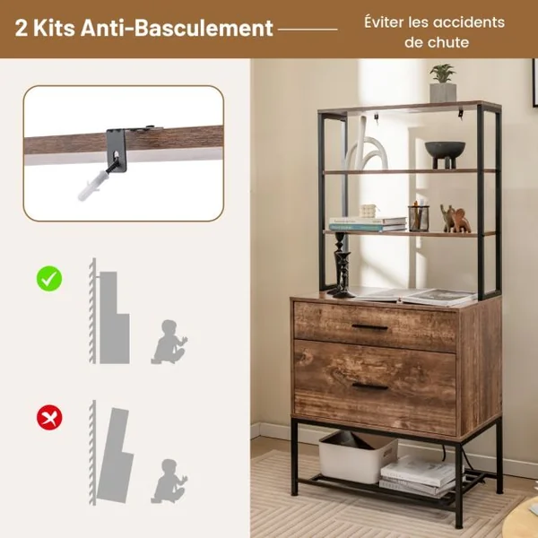 Armoire de Fichier avec Station de Charge Bibliothèques Ouvertes avec 3 Étagères Ouvertes et Grand Tiroir Compatible Brun Rustique/Gris