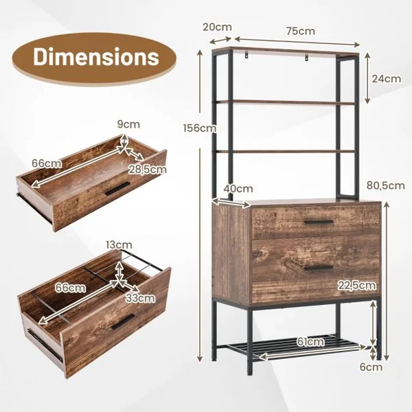 Armoire de Fichier avec Station de Charge Bibliothèques Ouvertes avec 3 Étagères Ouvertes et Grand Tiroir Compatible Brun Rustique/Gris