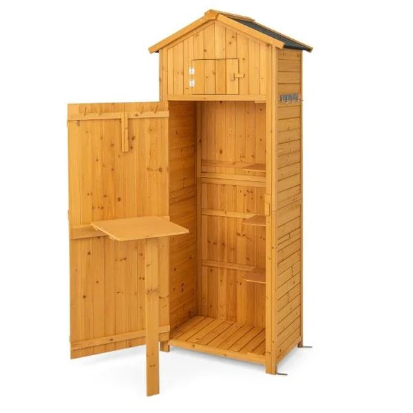 Armoire de Jardin en Bois Imperméable avec Toit Abri de Jardin avec Table Pliable Étagères et 8 Crochets 75x50x180,5CM