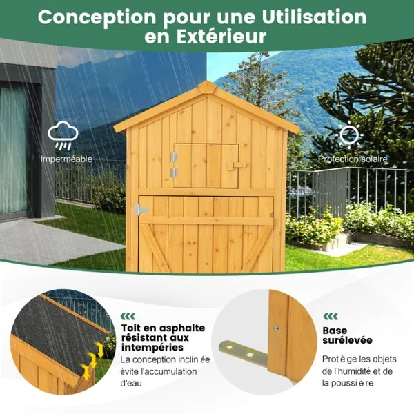 Armoire de Jardin en Bois Imperméable avec Toit Abri de Jardin avec Table Pliable Étagères et 8 Crochets 75x50x180,5CM