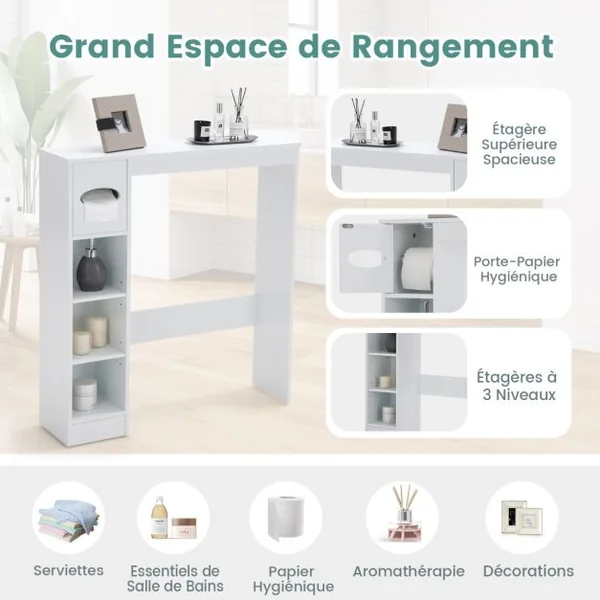 Armoire de Rangement Au-Dessus des Toilettes avec Étagères Réglables et Porte-Papier Toilette Étagère De Rangement Multifonctionnelle Blanc