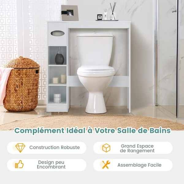 Armoire de Rangement Au-Dessus des Toilettes avec Étagères Réglables et Porte-Papier Toilette Étagère De Rangement Multifonctionnelle Blanc