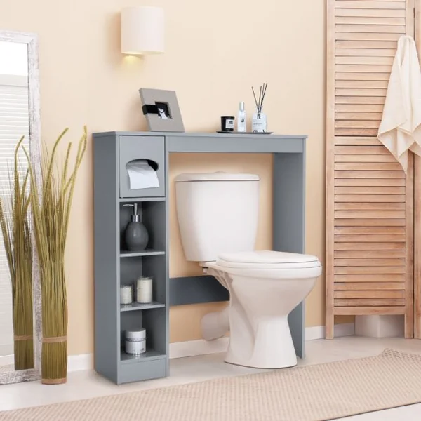 Armoire de Rangement Au-Dessus des Toilettes avec Étagères Réglables et Porte-Papier Toilette Étagère De Rangement Multifonctionnelle Gris