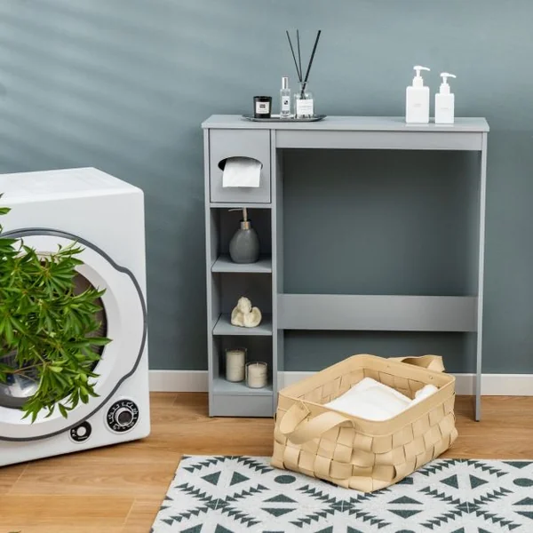 Armoire de Rangement Au-Dessus des Toilettes avec Étagères Réglables et Porte-Papier Toilette Étagère De Rangement Multifonctionnelle Gris