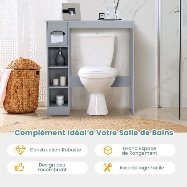 Armoire de Rangement Au-Dessus des Toilettes avec Étagères Réglables et Porte-Papier Toilette Étagère De Rangement Multifonctionnelle Gris