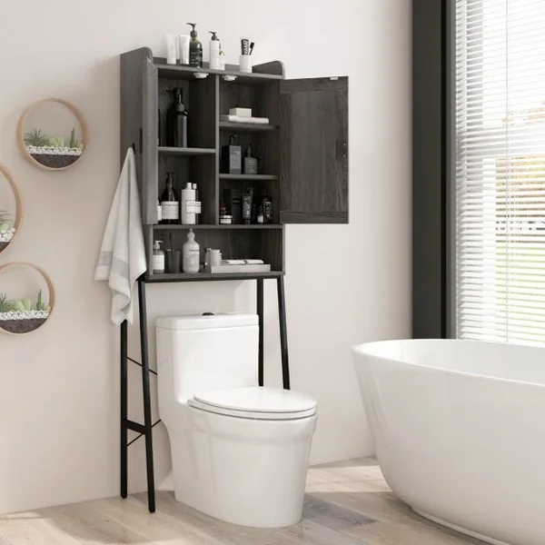 Armoire de Rangement au-dessus des Toilettes Meuble au-dessus des Toilettes avec Doubles Portes et Cadre en Métal Étagères Réglables