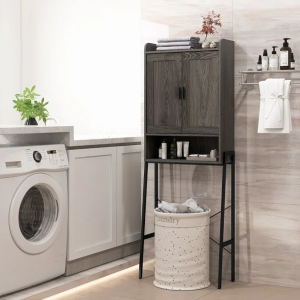 Armoire de Rangement au-dessus des Toilettes Meuble au-dessus des Toilettes avec Doubles Portes et Cadre en Métal Étagères Réglables