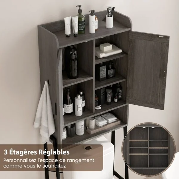 Armoire de Rangement au-dessus des Toilettes Meuble au-dessus des Toilettes avec Doubles Portes et Cadre en Métal Étagères Réglables