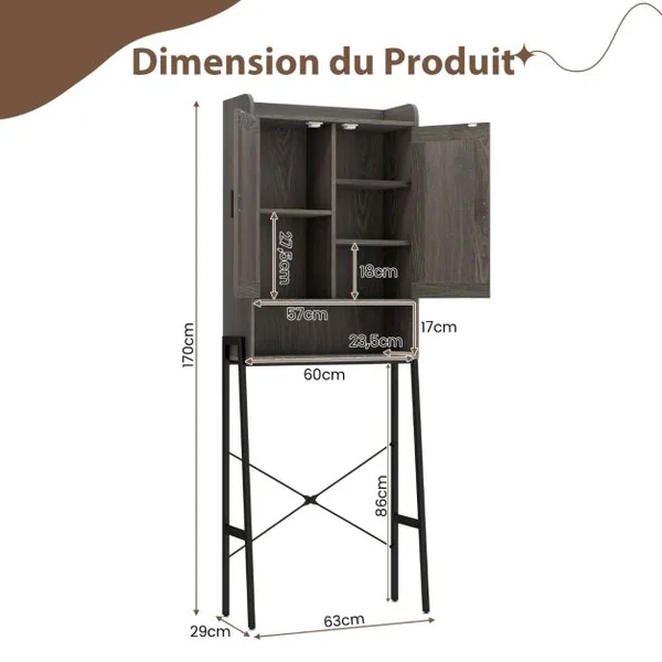 Armoire de Rangement au-dessus des Toilettes Meuble au-dessus des Toilettes avec Doubles Portes et Cadre en Métal Étagères Réglables