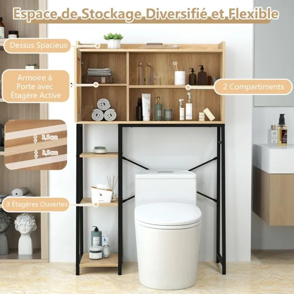 Armoire de Rangement Au-dessus des Toilettes Organisateur Peu Encombrant Porte en Rotin PE Etagères Ouvertes et Réglables Naturel