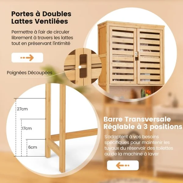 Armoire de Rangement Au-dessus des Toilettes Étagère de Salle de Bain en Bambou Haute avec 2 Portes et Étagère Ouverte 62X23X170CM Naturel