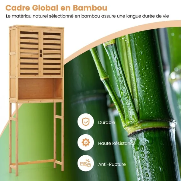 Armoire de Rangement Au-dessus des Toilettes Étagère de Salle de Bain en Bambou Haute avec 2 Portes et Étagère Ouverte 62X23X170CM Naturel