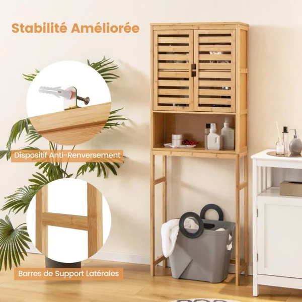 Armoire de Rangement Au-dessus des Toilettes Étagère de Salle de Bain en Bambou Haute avec 2 Portes et Étagère Ouverte 62X23X170CM Naturel