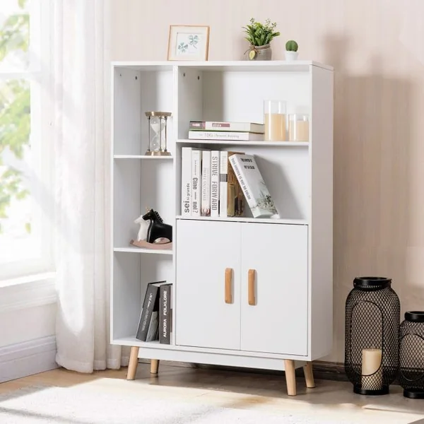 Armoire de Rangement Bibliothèque Style Scandinave 5 Etagères Ouvertes 1 Porte en MDF et Bois 80x24x119cm Blanc