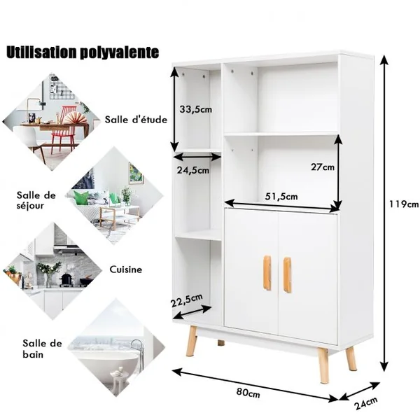 Armoire de Rangement Bibliothèque Style Scandinave 5 Etagères Ouvertes 1 Porte en MDF et Bois 80x24x119cm Blanc