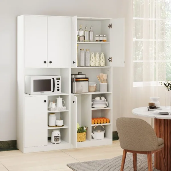 Armoire de Rangement de Cuisine Buffet Haut Moderne de 166 cm avec Support pour Micro-ondes Station de Bar Blanc