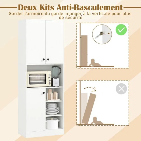 Armoire de Rangement de Cuisine Buffet Haut Moderne de 166 cm avec Support pour Micro-ondes Station de Bar Blanc