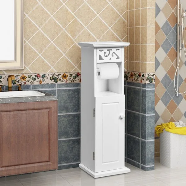 Armoire de Rangement de Toilettes Étroite pour Salle de Bain 1 Support Papier et 2 Tablettes en Mdf 20x20x66cm Blanc