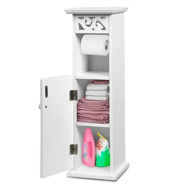 Armoire de Rangement de Toilettes Étroite pour Salle de Bain 1 Support Papier et 2 Tablettes en Mdf 20x20x66cm Blanc