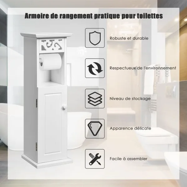 Armoire de Rangement de Toilettes Étroite pour Salle de Bain 1 Support Papier et 2 Tablettes en Mdf 20x20x66cm Blanc