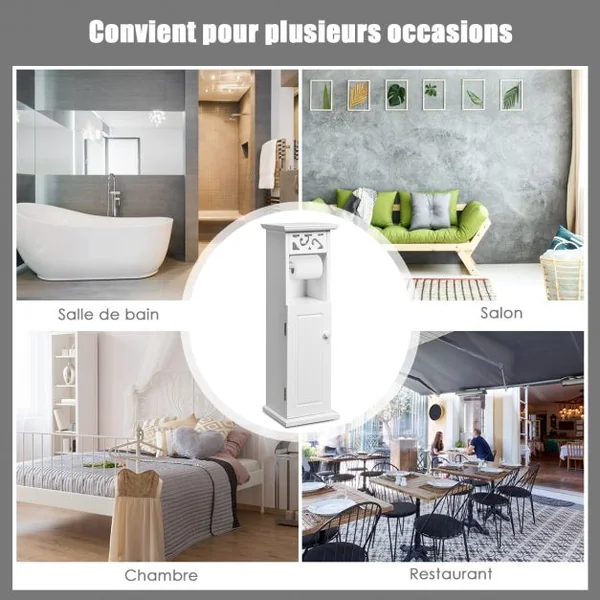 Armoire de Rangement de Toilettes Étroite pour Salle de Bain 1 Support Papier et 2 Tablettes en Mdf 20x20x66cm Blanc