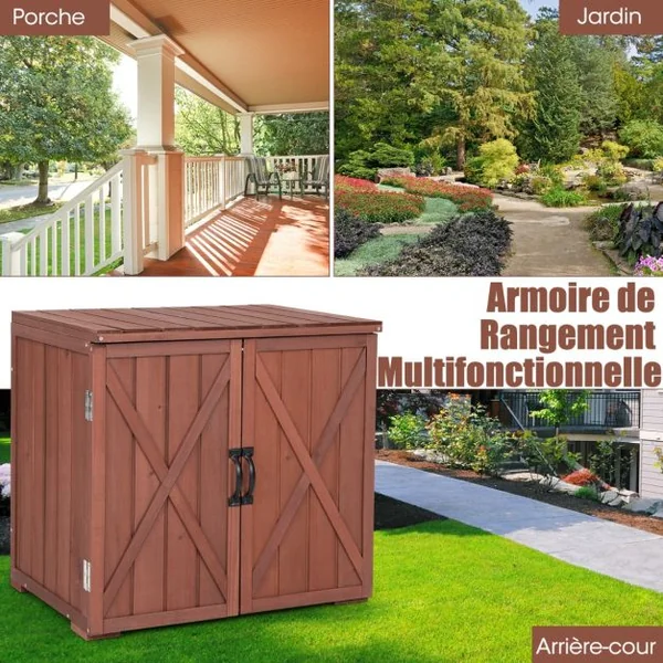 Armoire de Rangement en Bois de Sapin avec 2 Portes Magnétiques et Poignées de Porte pour Jardin Patio Arrière-cour Marron
