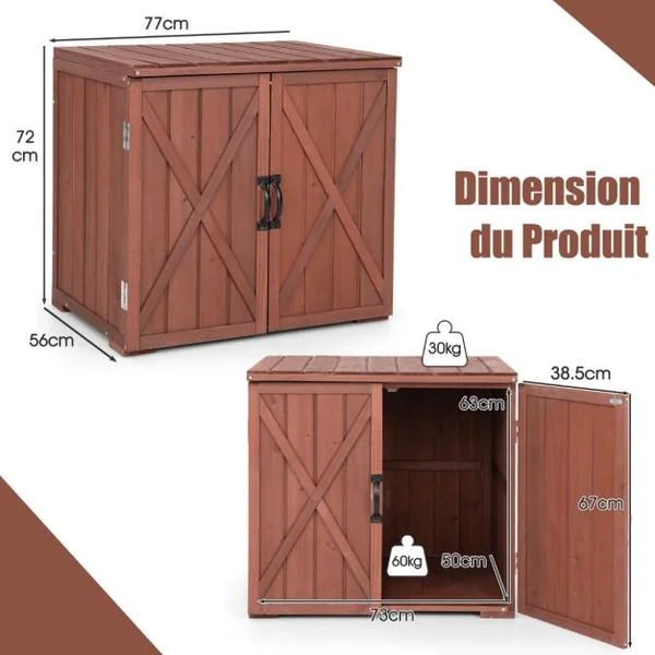 Armoire de Rangement en Bois de Sapin avec 2 Portes Magnétiques et Poignées de Porte pour Jardin Patio Arrière-cour Marron